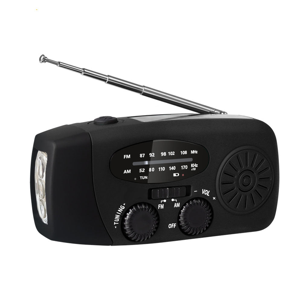 Essential outdoor gear: portable solar hand crank radio with bright flashlight & power bank for camping, hiking.