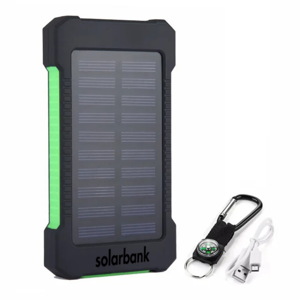 Portable solar power bank with built-in LED light for camping & outdoor adventures.