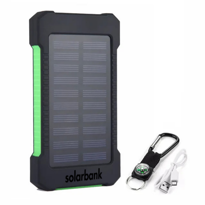 Portable solar power bank with built-in LED light for camping & outdoor adventures.