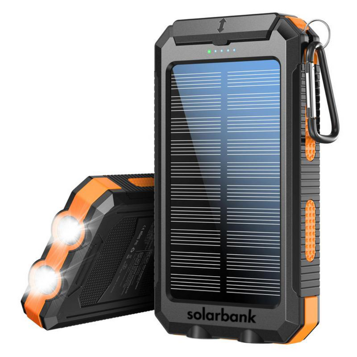 Waterproof solar power bank, ideal portable charger for phones, outdoor gear & travel.