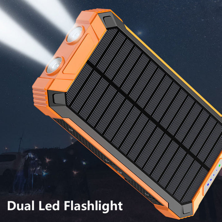 Compact travel charger: solar power bank with LED light, essential for phones & outdoor use.