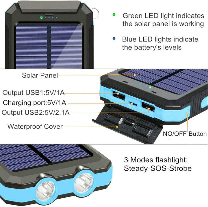 Rugged solar power bank, portable phone charger & light for hiking, camping & emergency kits.