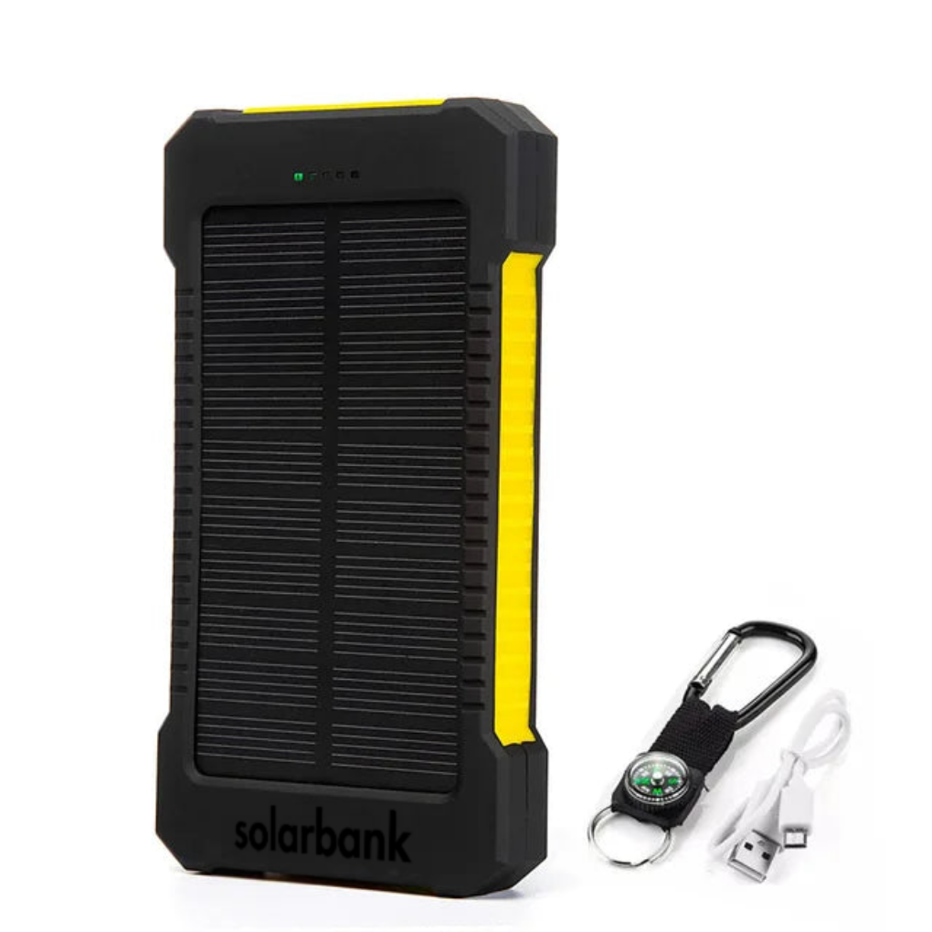 Waterproof solar power bank, ideal portable charger & light for travel, hiking & emergencies.