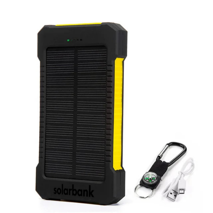 Waterproof solar power bank, ideal portable charger & light for travel, hiking & emergencies.