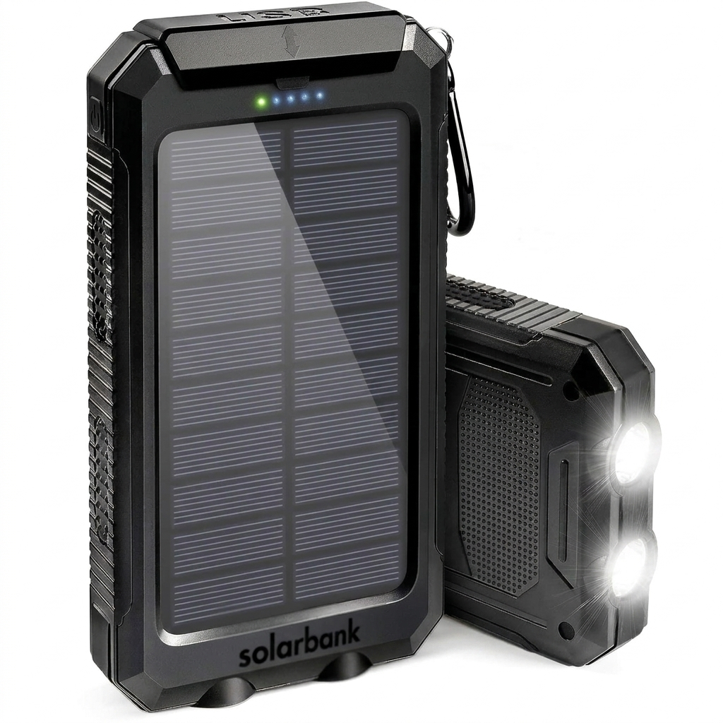 Multifunctional solar power bank: portable charger, emergency light, and waterproof outdoor gear.