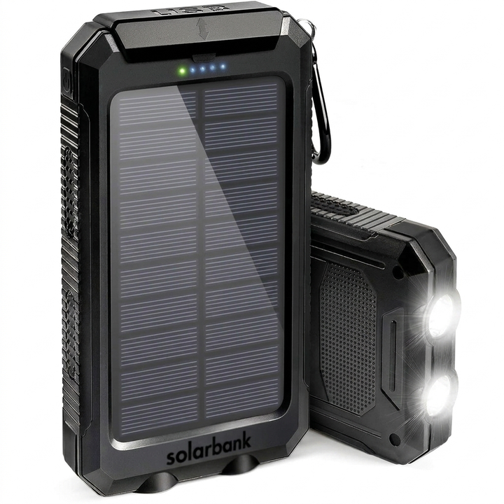 Multifunctional solar power bank: portable charger, emergency light, and waterproof outdoor gear.