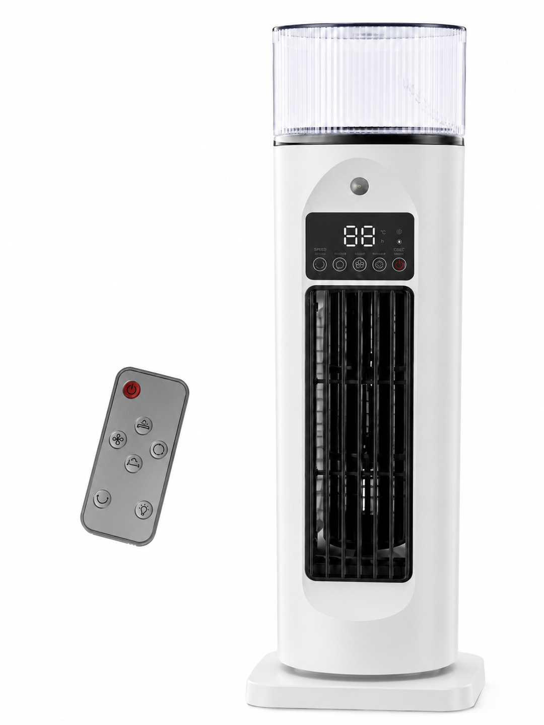 Portable tower fan with humidifier & remote for ultimate home comfort.
