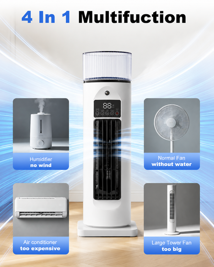Evaporative tower fan with humidifier, perfect for cooling & adding moisture to indoor air.