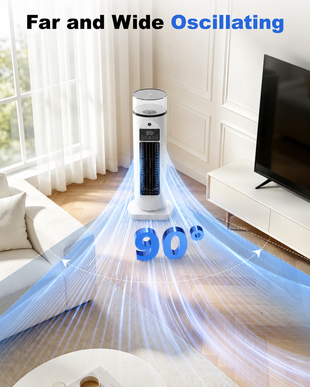 Portable tower air cooler with remote control for easy adjustment of home climate.