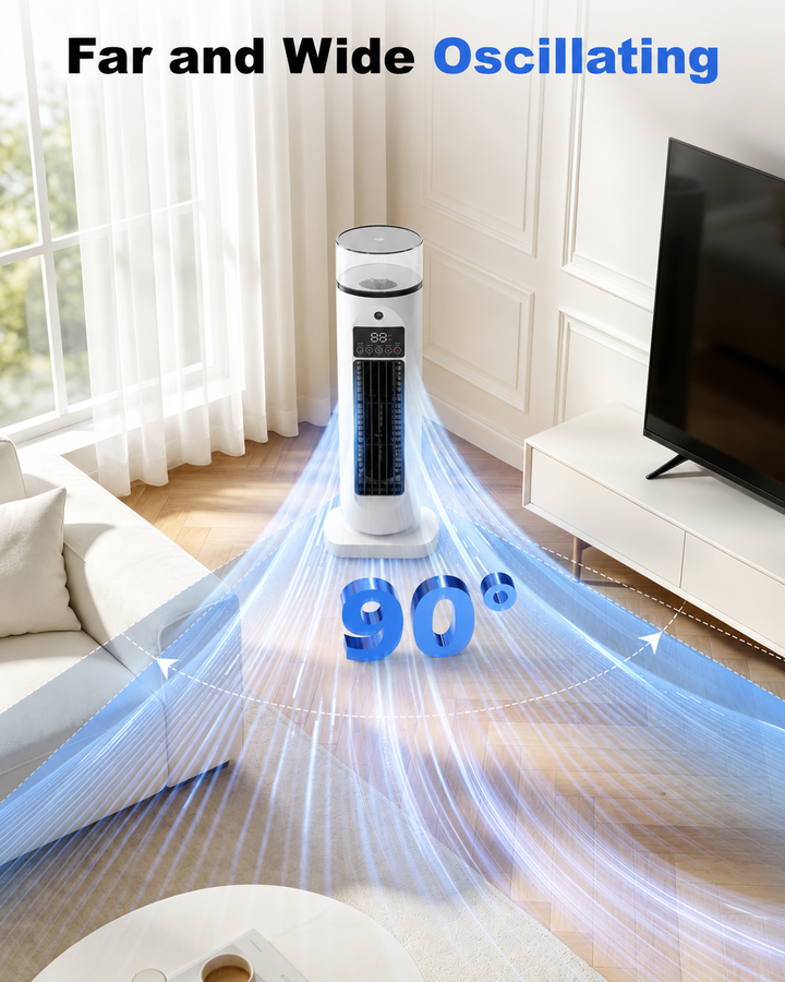 Portable tower air cooler with remote control for easy adjustment of home climate.