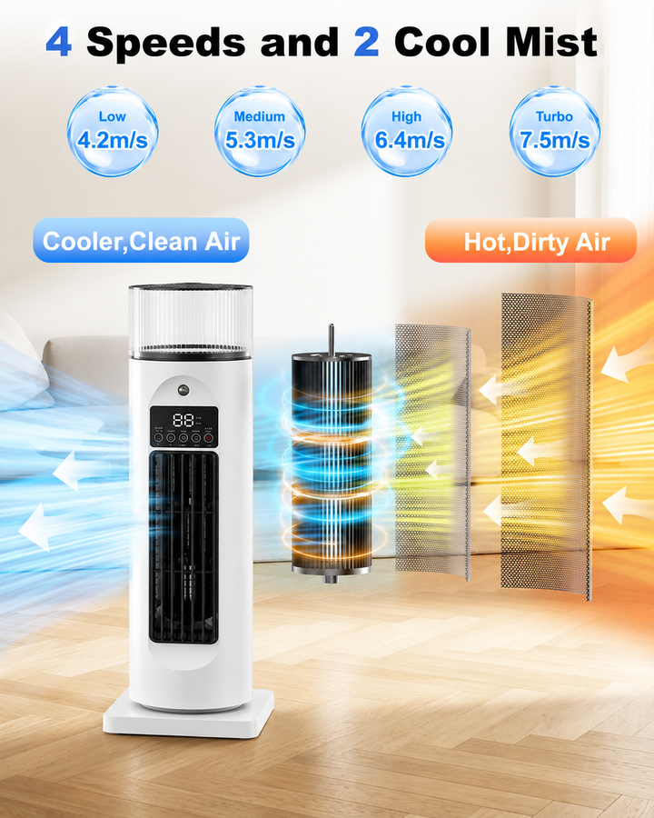 Sleek tower fan with integrated humidifier, providing efficient air circulation & cooling.
