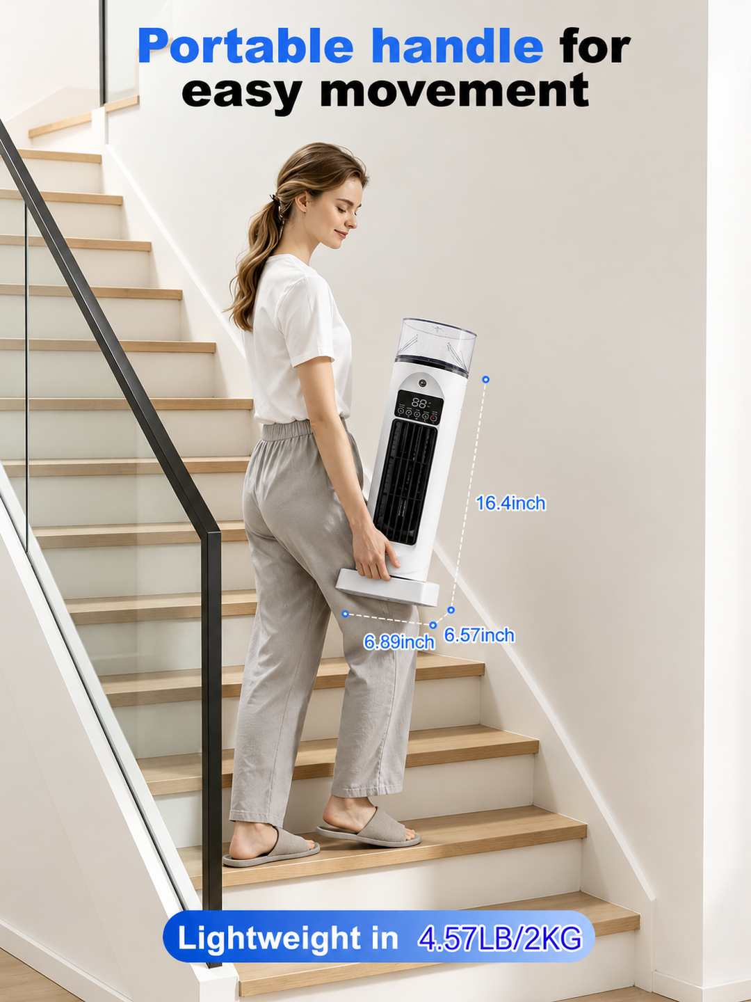 Modern tower fan with remote control & humidifier for personalized home cooling & air moisture.
