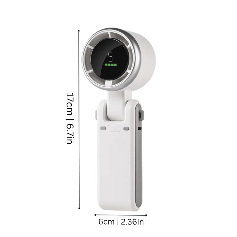 Sleek mini USB rechargeable turbo fan providing powerful, silent personal cooling for outdoor activities.