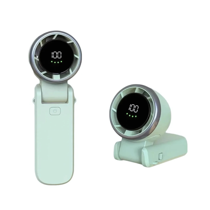 Person enjoying refreshing personal cooling from a silent, USB rechargeable mini turbo handheld fan outdoors.