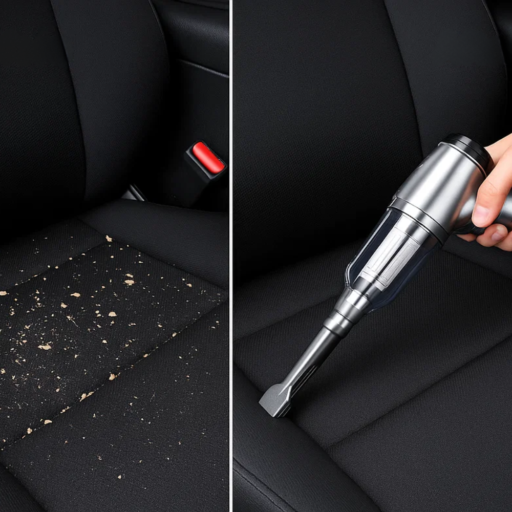 Handheld wireless car cleaner, perfect for vehicle detailing & quick mess cleanups on the go.