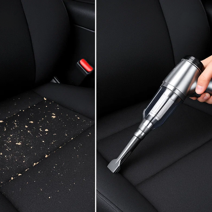 Handheld wireless car cleaner, perfect for vehicle detailing & quick mess cleanups on the go.