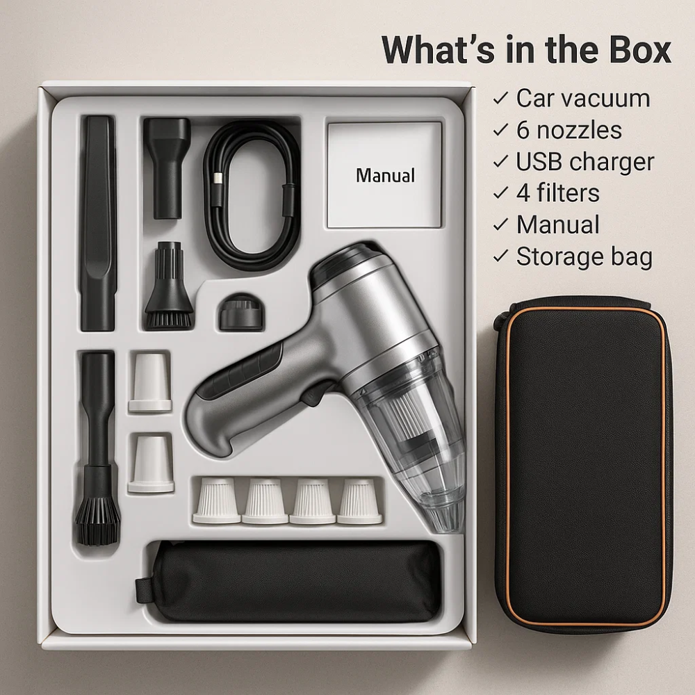 Efficient car vacuum cleaner, wireless and portable, for easy auto detailing & deep cleaning.