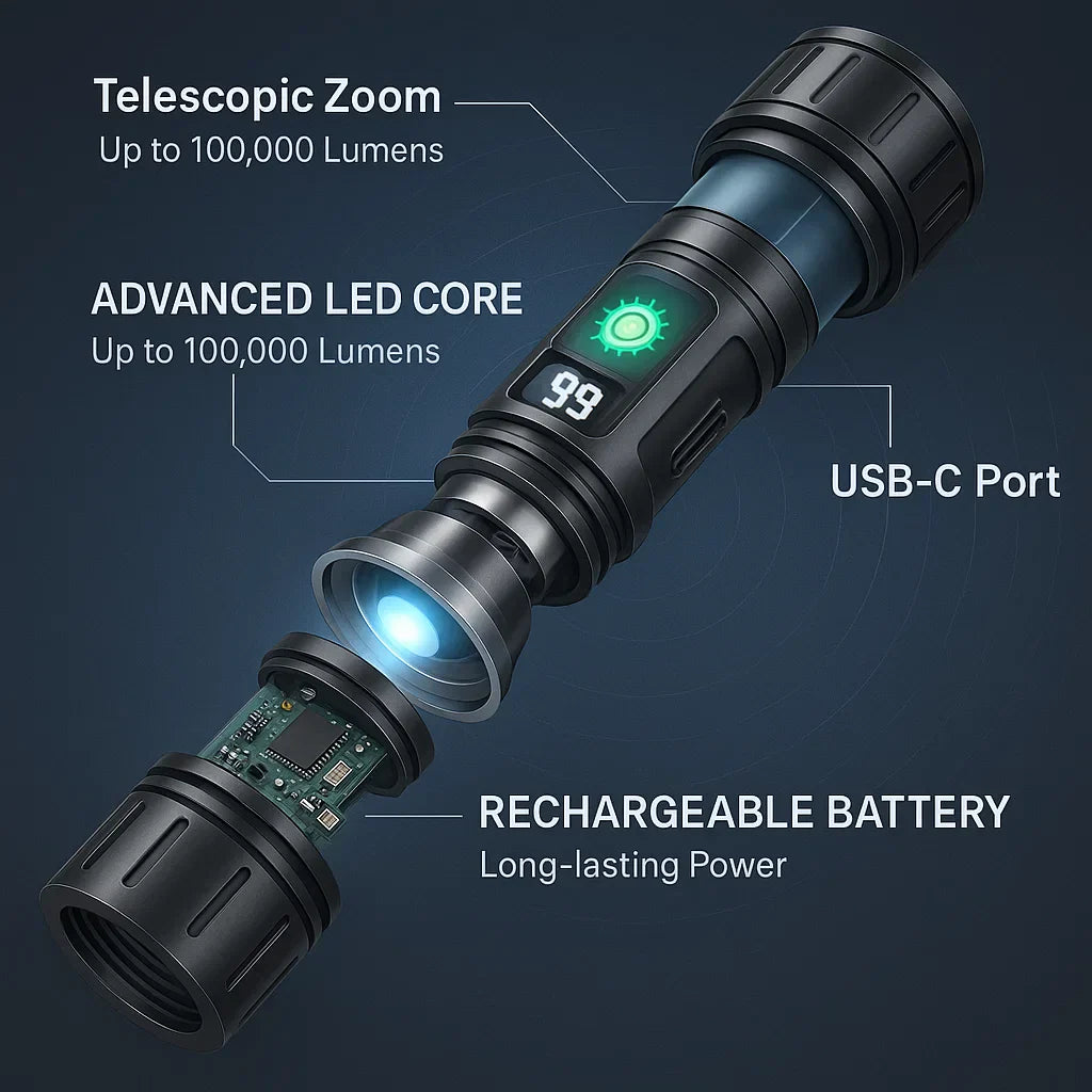 Handheld, portable 100,000 Lumen LED tactical torch, ideal for camping, hiking, and emergency situations. Waterproof design.