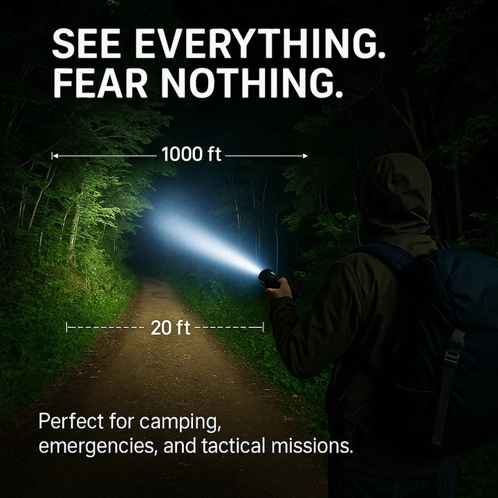 Durable, waterproof 100,000 Lumen rechargeable LED flashlight. A reliable tactical torch for outdoor and emergency use.