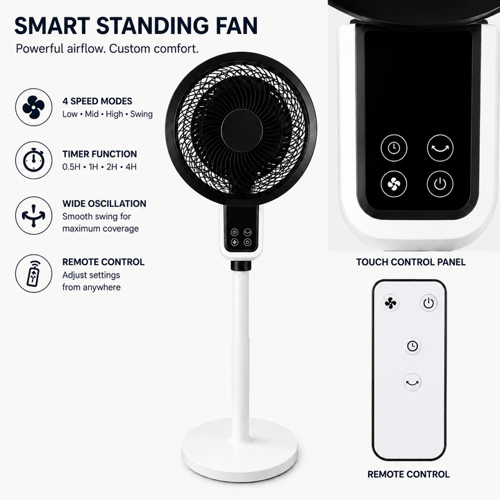 Powerful 2026 standing fan with 3D oscillation, adjustable airflow, and timer for quiet room cooling.