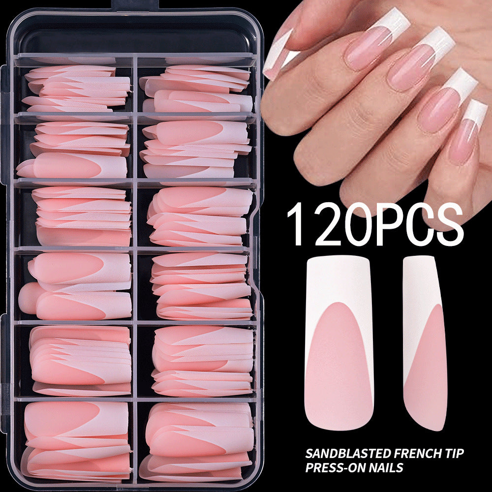 Easy-to-apply French tip false nails for women, achieving beautiful artificial nail art quickly.
