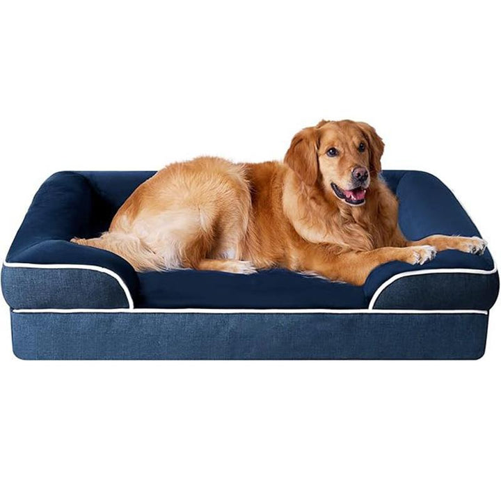 Ergonomic dog bed with memory foam for hip & elbow joint comfort.