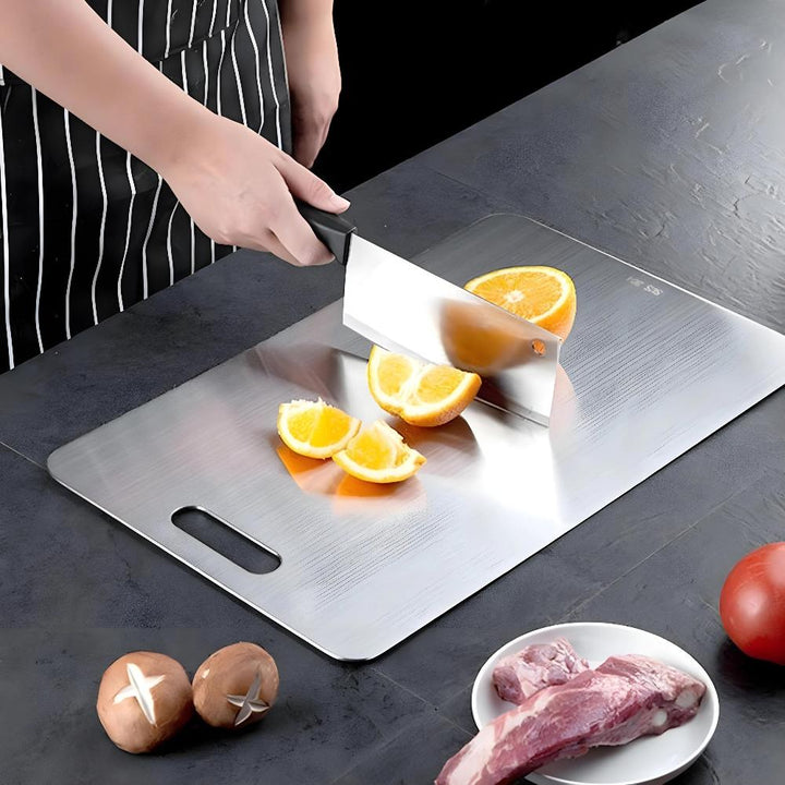 Versatile stainless steel cutting board, perfect for all kitchen food prep, durable & hygienic design.