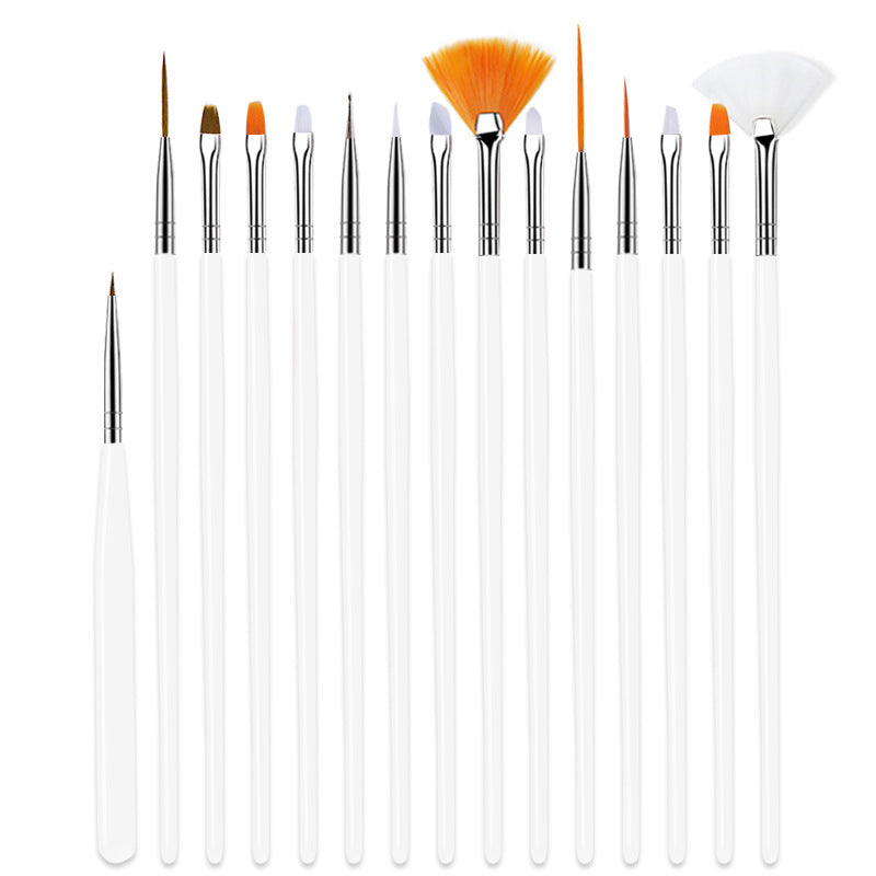 Complete 15-piece professional nail art brush kit, essential manicure tools for all nail design & detailing needs.
