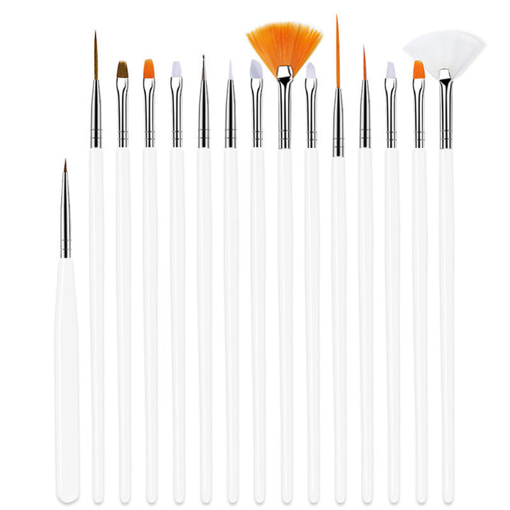 Complete 15-piece professional nail art brush kit, essential manicure tools for all nail design & detailing needs.