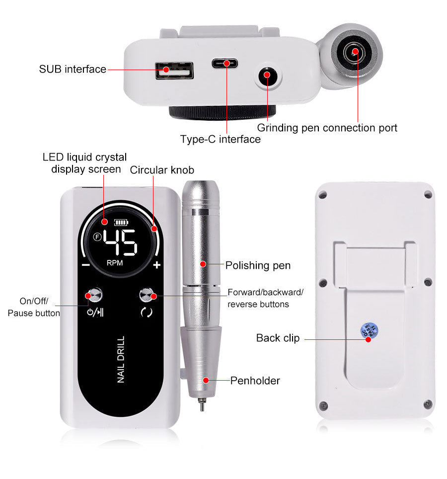 Portable 45,000RPM rechargeable electric nail drill kit for easy gel & acrylic nail removal anywhere.