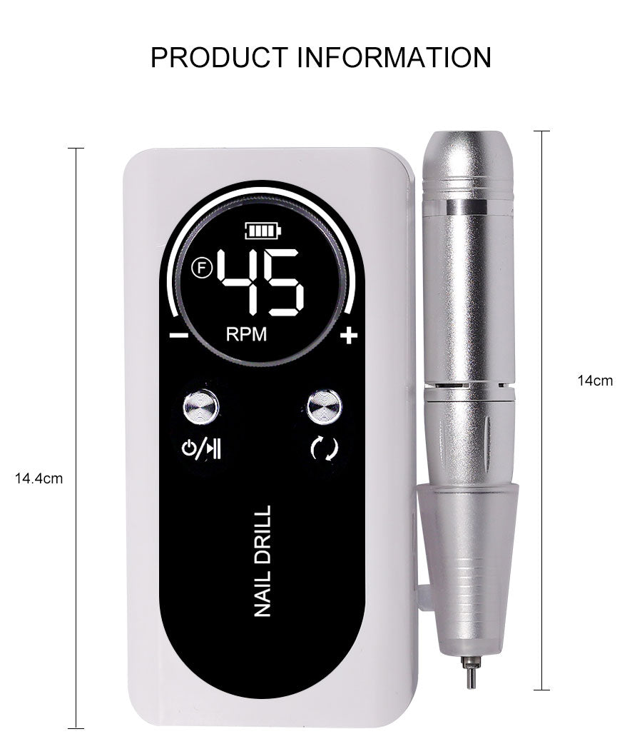 Versatile electric nail file (45,000RPM) for professional manicure, pedicure, gel, & acrylic nail care.