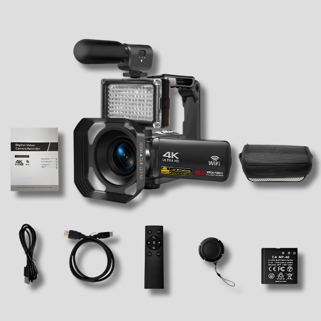 Professional 8K camcorder creator kit with 64MP photos, Wi-Fi, mic, LED light & stabilizer for video production