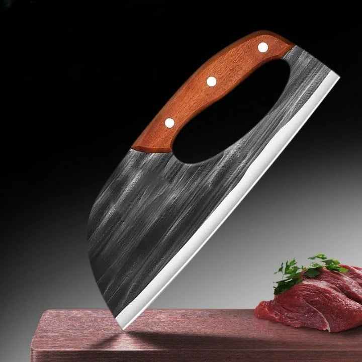 Professional chef's kitchen knife with precision forged stainless steel blade & ergonomic wood handle for culinary tasks.