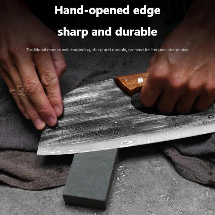 Premium forged stainless steel chef's knife with a durable, ergonomic wood handle for expert cooking.