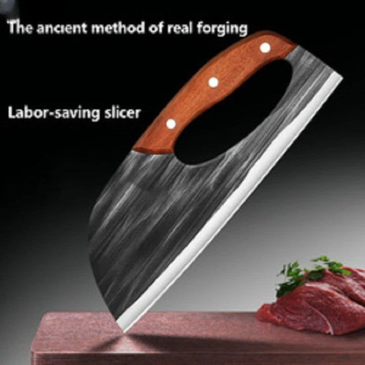 Sharp stainless steel kitchen knife, expertly forged with a comfortable wood handle for various cooking tasks.