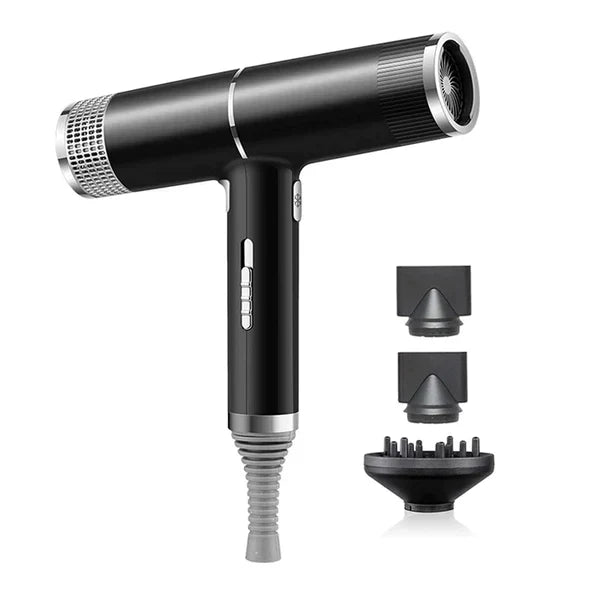 Compact professional ionic hair dryer with diffuser & nozzles; ideal for home salon styling, fast drying, and frizz control.
