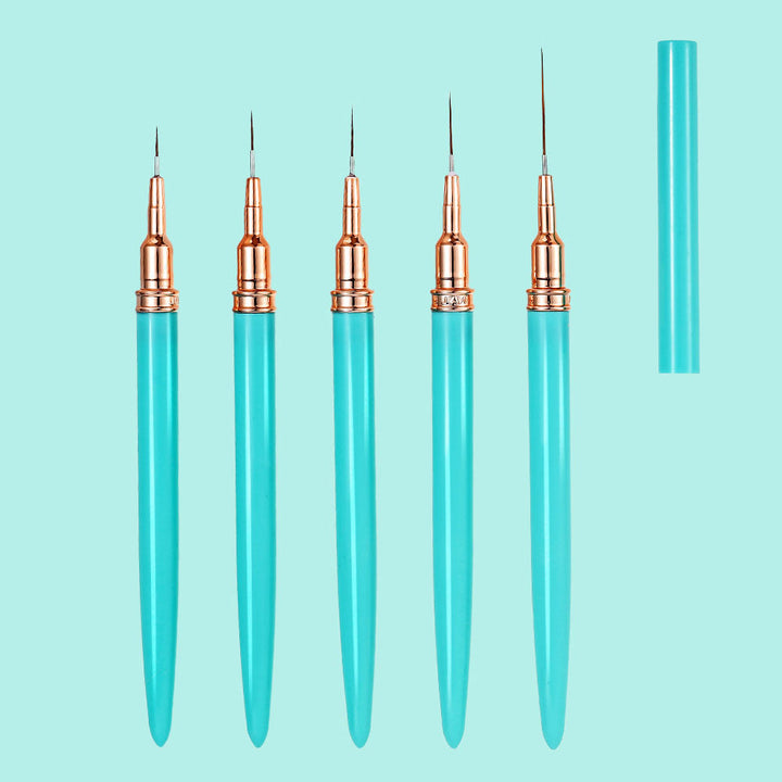 Assorted professional nail art detailing brushes. Essential nail tools for precision, fine lines, & intricate nail design.