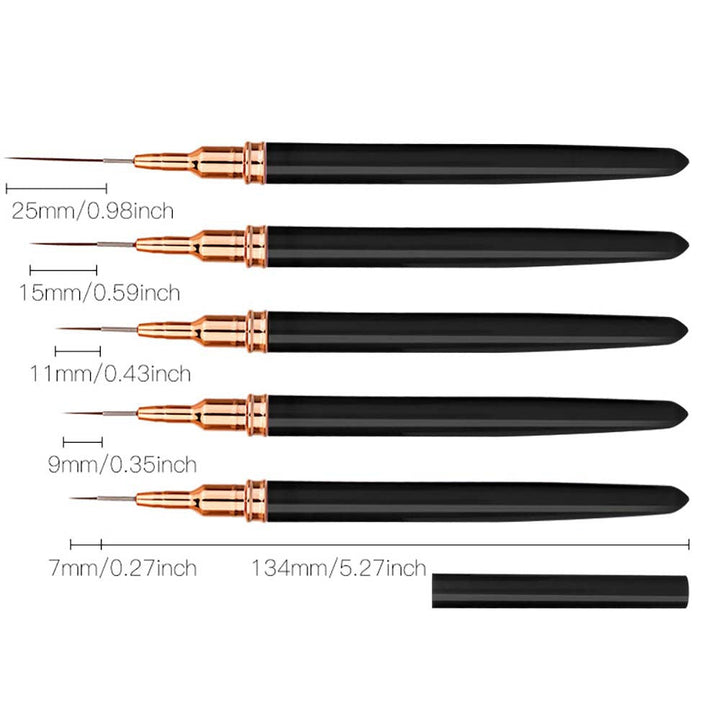 Variety of professional nail art detailing brushes with synthetic bristles for precision nail design and fine lines.