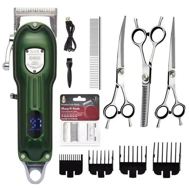 Closeup of quiet dog clippers from a professional pet grooming kit, ideal for at-home animal grooming.