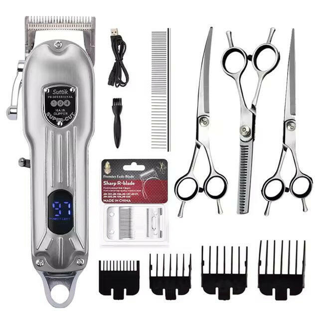 Durable ceramic and titanium blade on quiet dog clippers for efficient and safe pet grooming.
