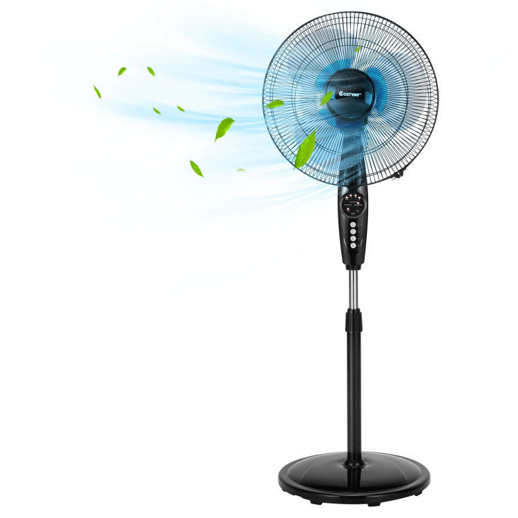Quiet 16-inch oscillating floor fan with remote control for efficient home, bedroom, or office cooling.