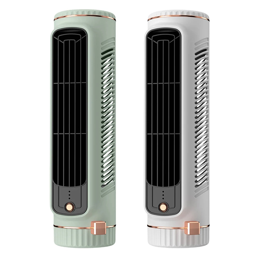 Modern portable bladeless fan, quiet operation for personal cooling in home or office. USB powered.