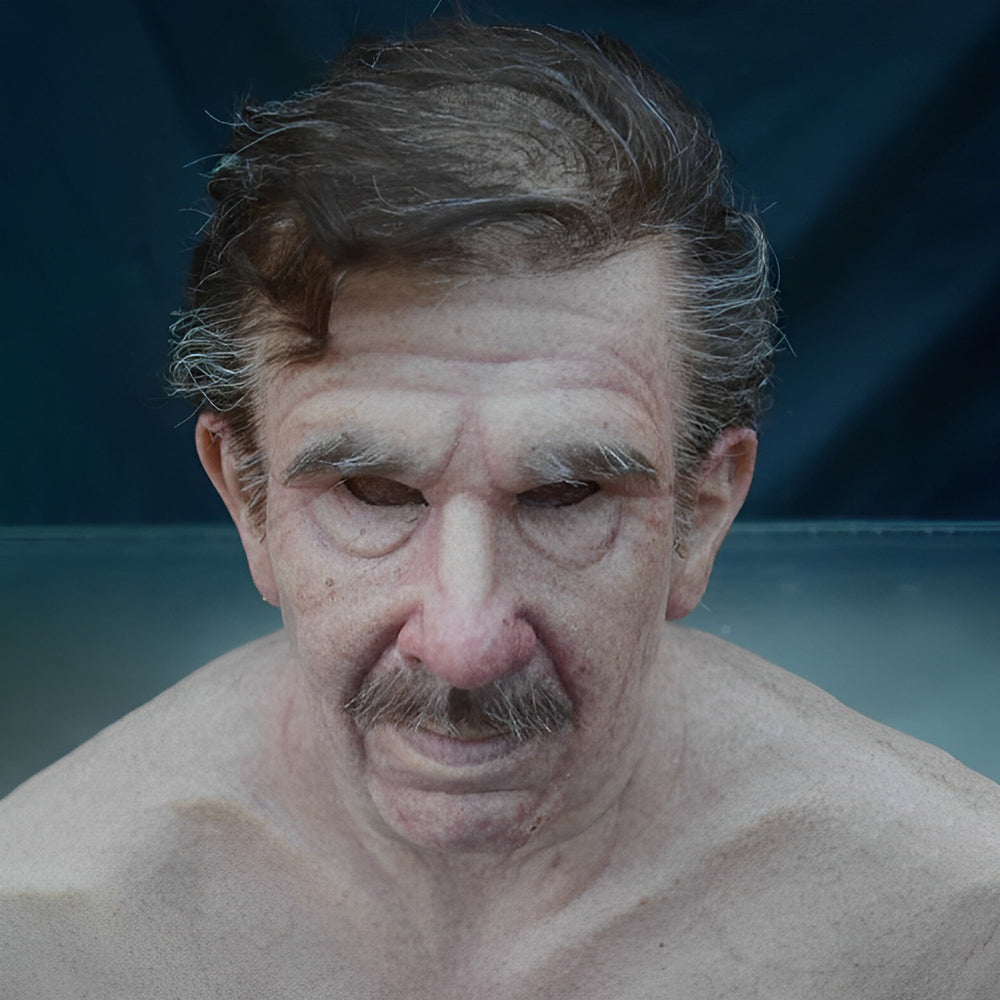 High-detail old man latex mask for realistic Halloween or theatre roles.