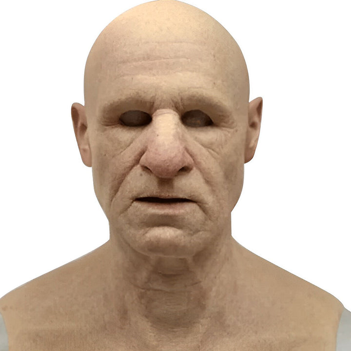 Realistic old man latex mask, transforming adult into an aged character.
