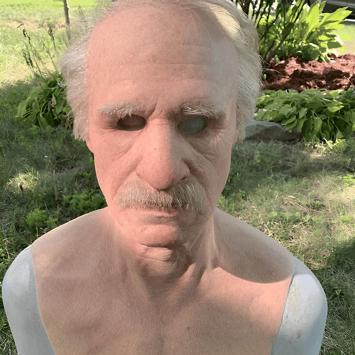 Detailed old man latex mask, an expressive full head costume accessory.
