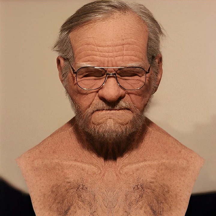 Lifelike expressive old man latex mask, full head adult Halloween costume.