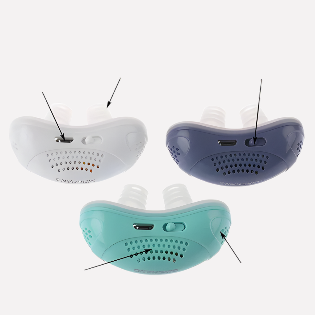 Rechargeable anti-snoring device for quiet, restful nights & improved nasal breathing. Comfortable sleep aid.