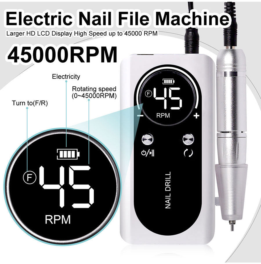 Rechargeable electric nail drill, 45,000RPM, professional cordless tool for gel & acrylic nails.