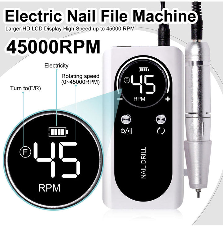 Rechargeable electric nail drill, 45,000RPM, professional cordless tool for gel & acrylic nails.