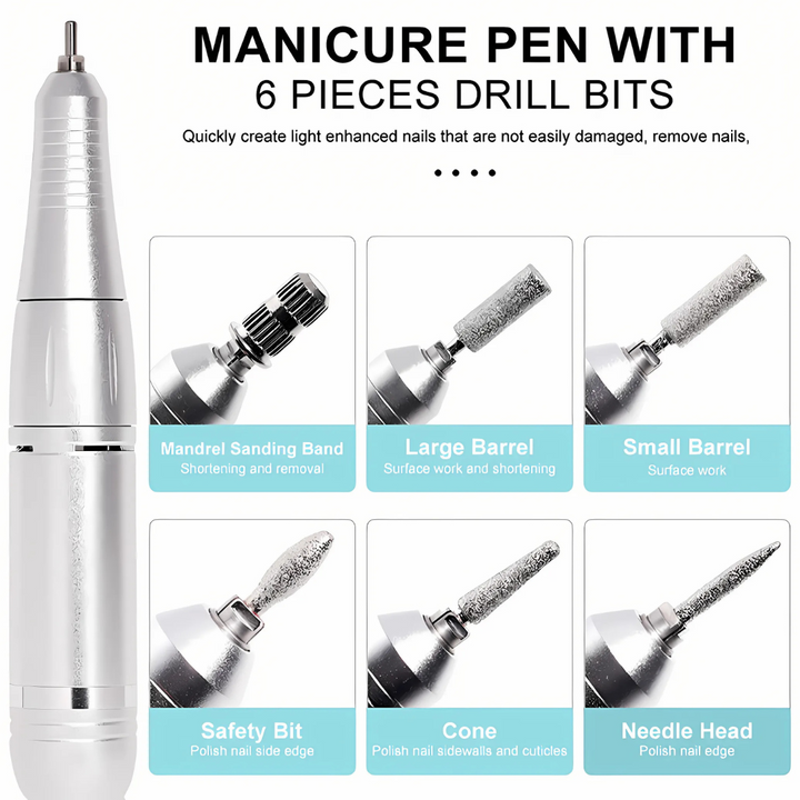 Professional cordless nail drill set, 45,000RPM, with various bits for gel, acrylic & natural nails.